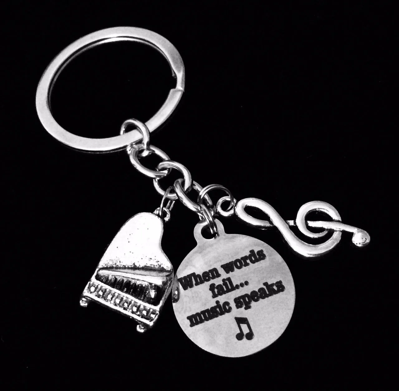 When Words Fail Music Speaks KeyChain Teacher Gift Silver Key Ring Inspirational Key Chain