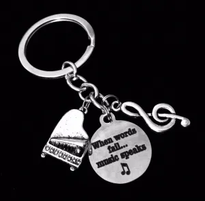When Words Fail Music Speaks KeyChain Teacher Gift Silver Key Ring Inspirational Key Chain
