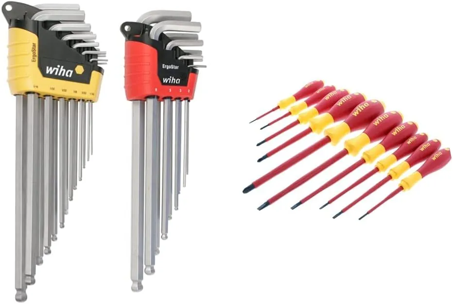 WIHA 66982 ErgoStar Ball End Hex L-Key, Inch and Metric, 22-Piece & 32093 Slotted and Phillips Insulated Screwdriver Set, 1000 Volt, 10 Piece