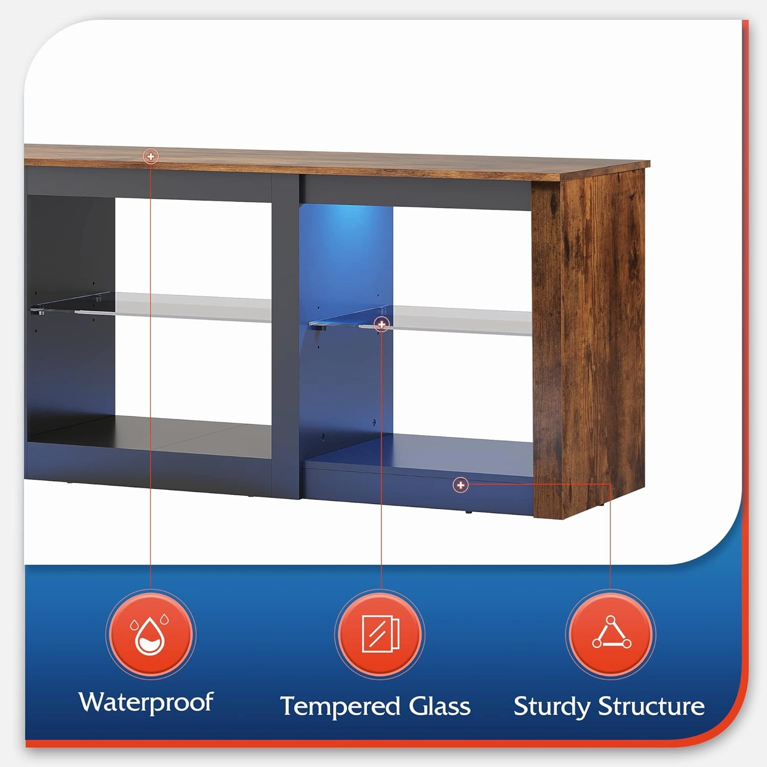WLIVE LED TV Stand for 65-Inch TV, 58-Inch Entertainment Center with Adjustable Glass Shelves, Modern Media Console for Living Room & Bedroom, Rustic Brown