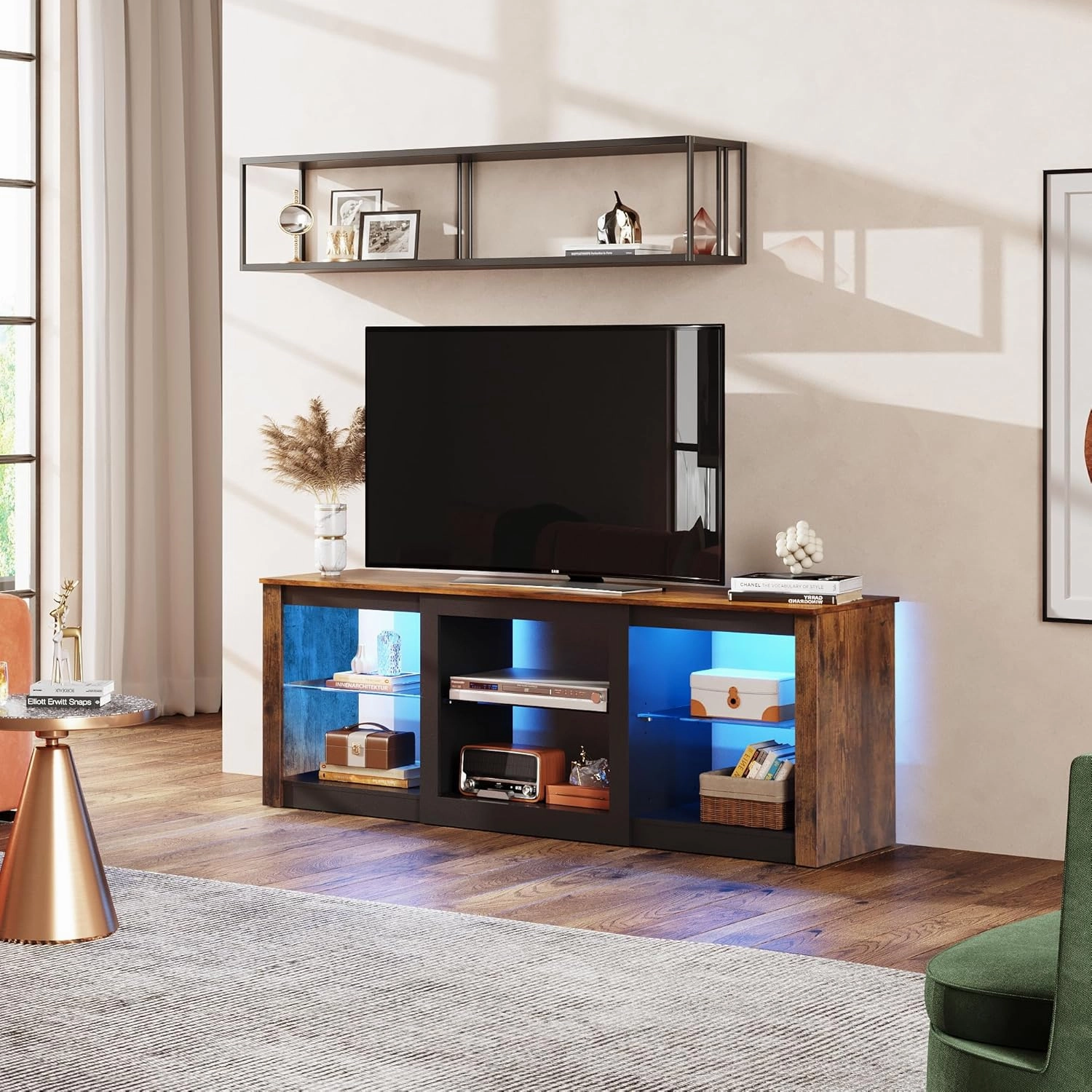 WLIVE LED TV Stand for 65-Inch TV, 58-Inch Entertainment Center with Adjustable Glass Shelves, Modern Media Console for Living Room & Bedroom, Rustic Brown