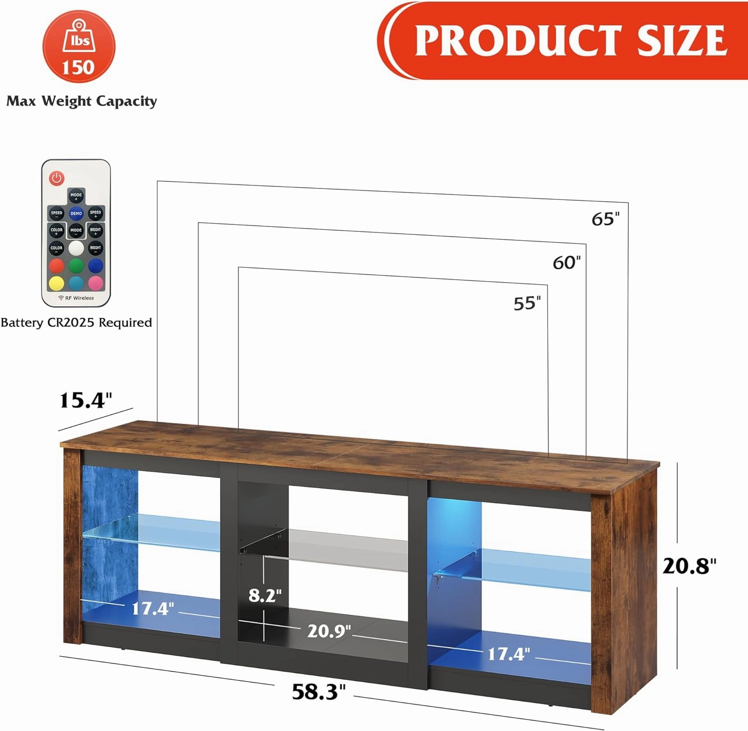 WLIVE LED TV Stand for 65-Inch TV, 58-Inch Entertainment Center with Adjustable Glass Shelves, Modern Media Console for Living Room & Bedroom, Rustic Brown