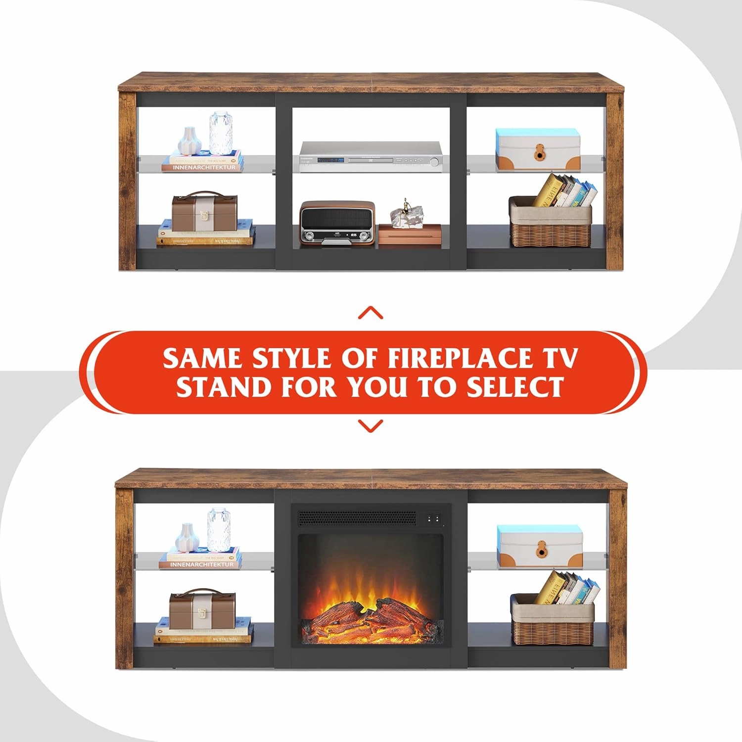 WLIVE LED TV Stand for 65-Inch TV, 58-Inch Entertainment Center with Adjustable Glass Shelves, Modern Media Console for Living Room & Bedroom, Rustic Brown