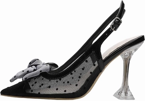 WOilERQ Women's High Heels One Word Buckle Closed Pointed Toe High Heel Shallow Mouth Mesh Bow Tie Sandals Summer Nightclub Head Show High Heels