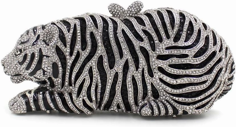 Women Cute Tiger Shaped Evening Clutch Sparkling Rhinestones Handbag Prom Party Purse