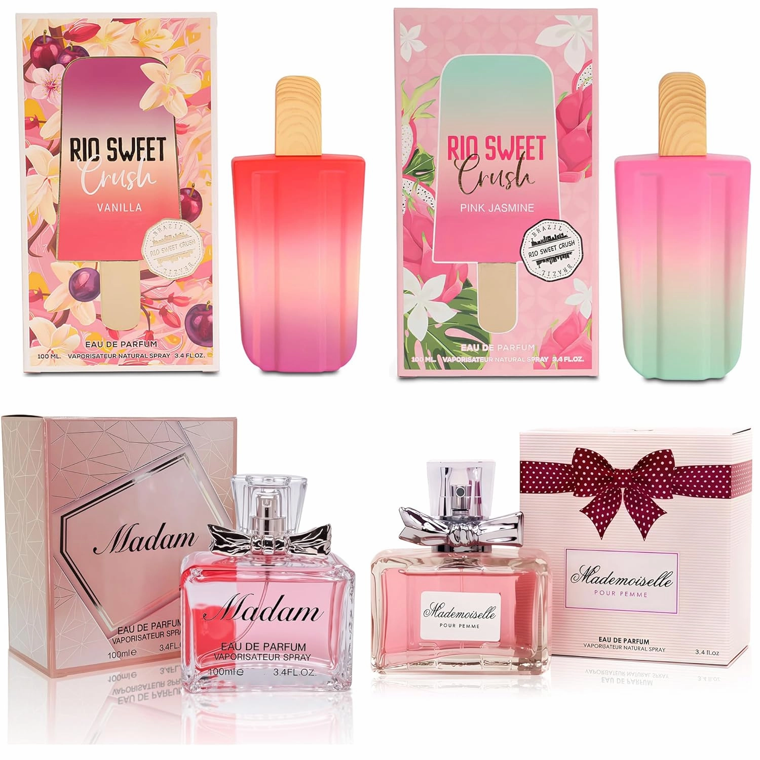 Women Perfume Set 4 Piece Different Scents(RIO Sweet Crush Jasmine/Vanilla/Madam/Mademoiselle) Eau de Parfum Spray Long Lasting Fragrance Sets with Luxury Gift Box for Birthday or Anniversary