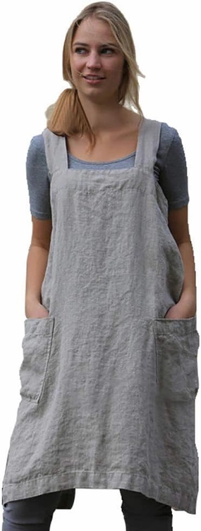 Women’s Pinafore Square Apron Baking Cooking Gardening Works Cross Back Cotton/Linen Blend Dress with 2 Pockets Gray