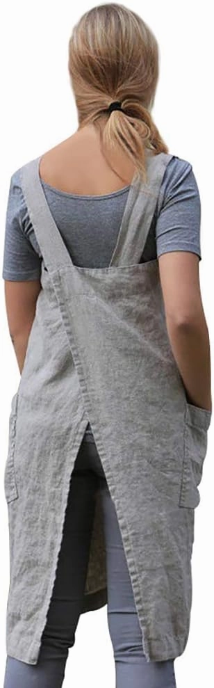 Women’s Pinafore Square Apron Baking Cooking Gardening Works Cross Back Cotton/Linen Blend Dress with 2 Pockets Gray