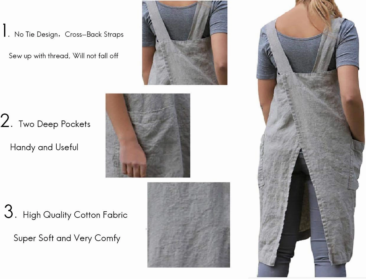 Women’s Pinafore Square Apron Baking Cooking Gardening Works Cross Back Cotton/Linen Blend Dress with 2 Pockets Gray