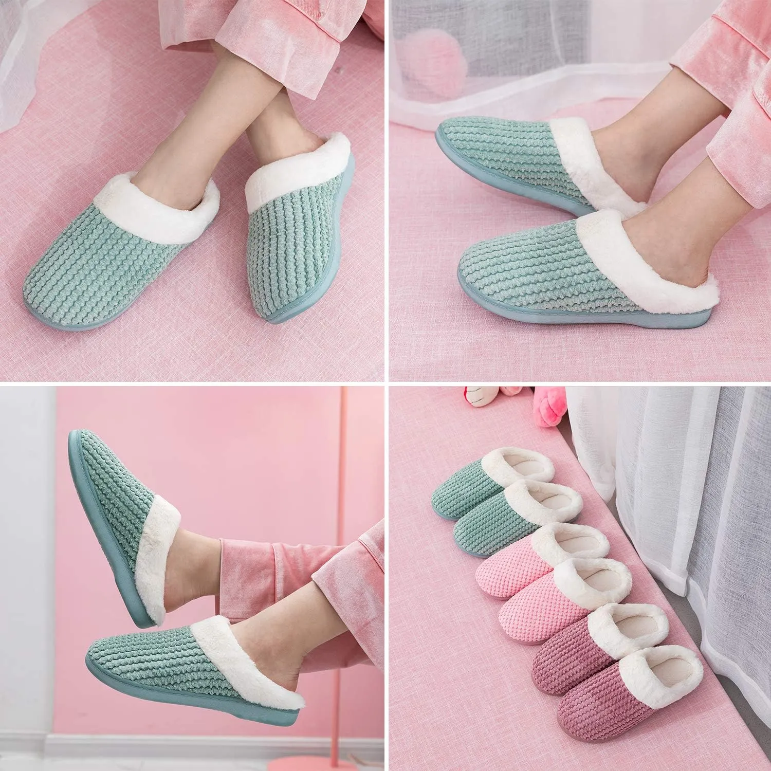 Womens Memory Foam Slippers Plush Fleece Lined Lady House Slippers Anti-Skid for Indoor Outdoor