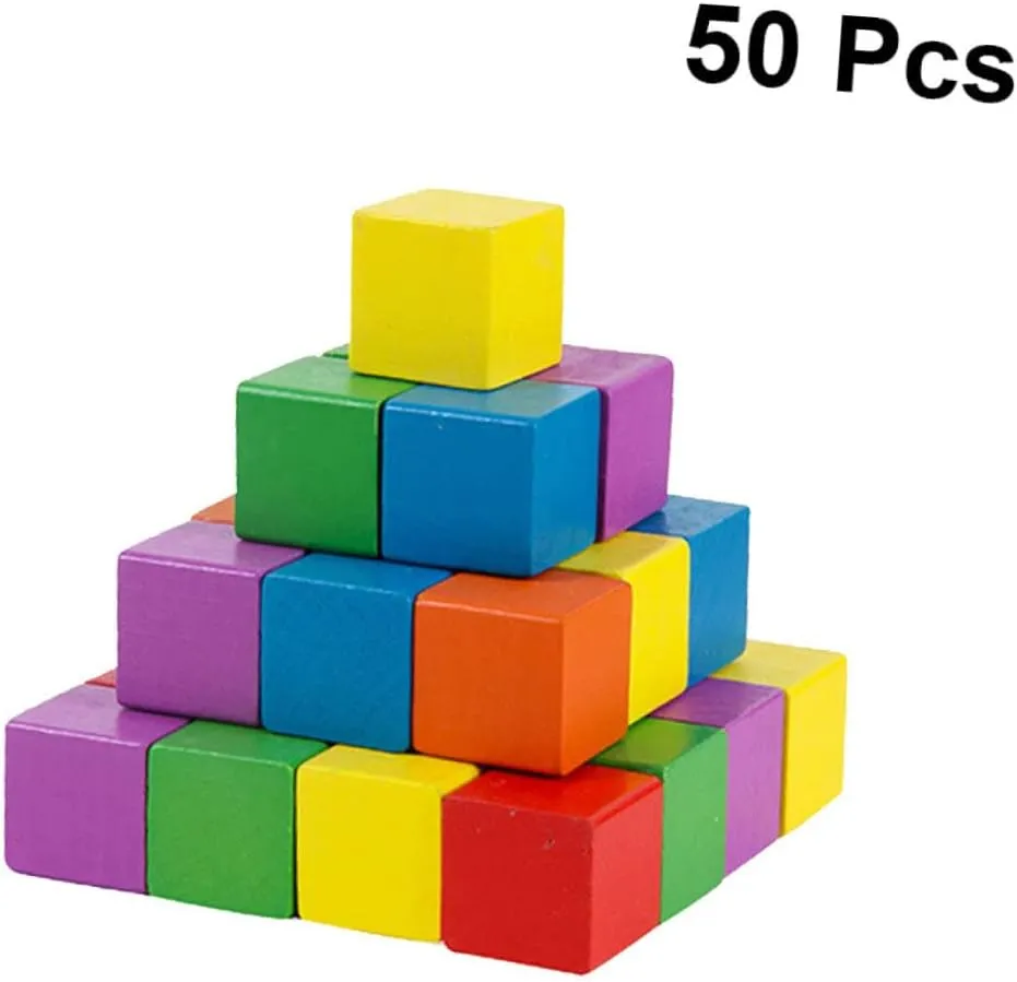 Wood Square Blocks 50pcs Craft Cubes Tiles Craft Materials Geometric Solids for Boys and Girls' Imagination