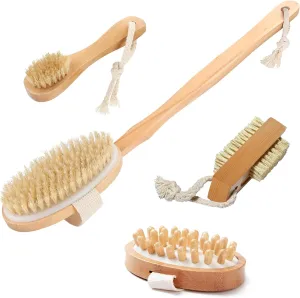Wooden Bath Brush Set - Detachable Dry Body Brush, Natural Face Exfoliator, Facial Scrubbing Brush, Anticellulite Massager, Massaging Cellulite Remover, Cleaning Nail Brushing
