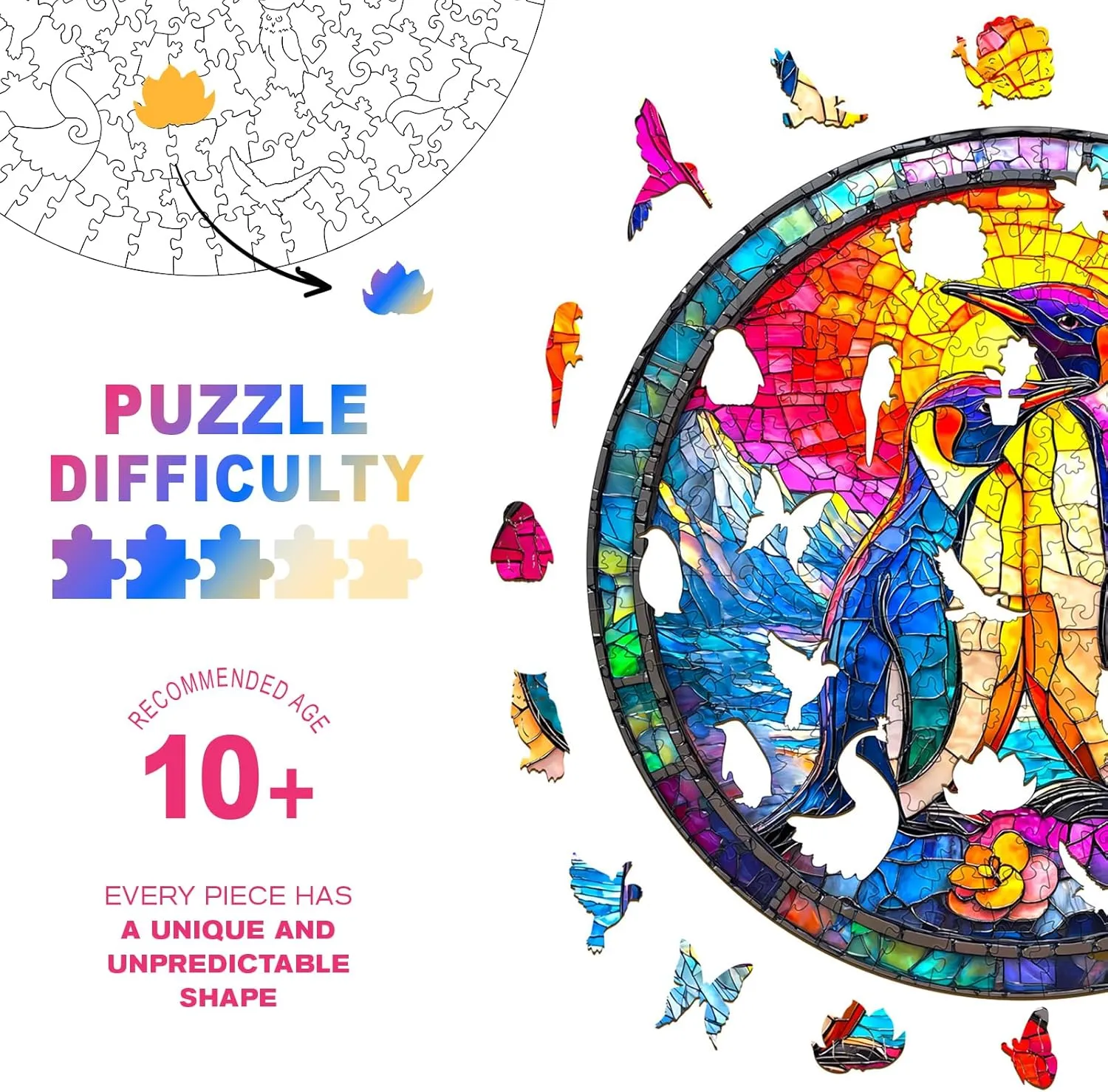 Wooden Puzzles for Adults - Challenging Colorful Couple Penguins Adult Puzzle, Unique Animal Shaped Wooden Jigsaw Puzzles for Adults, Creative Gifts Family Games 8.5 * 8.5in 100pcs