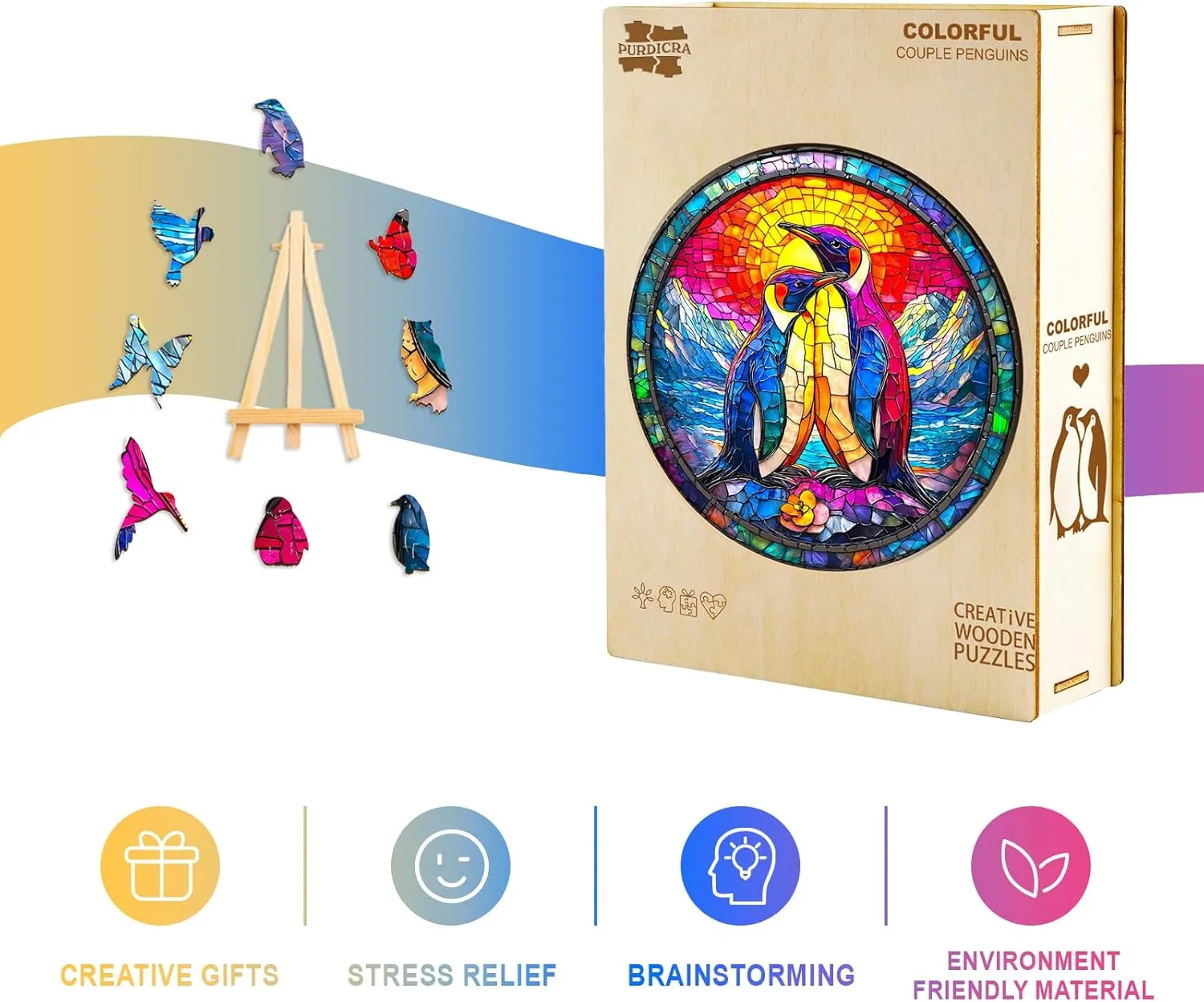 Wooden Puzzles for Adults - Challenging Colorful Couple Penguins Adult Puzzle, Unique Animal Shaped Wooden Jigsaw Puzzles for Adults, Creative Gifts Family Games 8.5 * 8.5in 100pcs