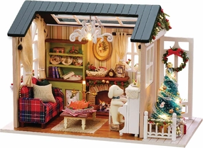 Wooden Dollhouse Christmas Miniatures Dollhouse Realistic Mini 3D Wooden House with LED Lights Furniture Children's Day Birthday Gift