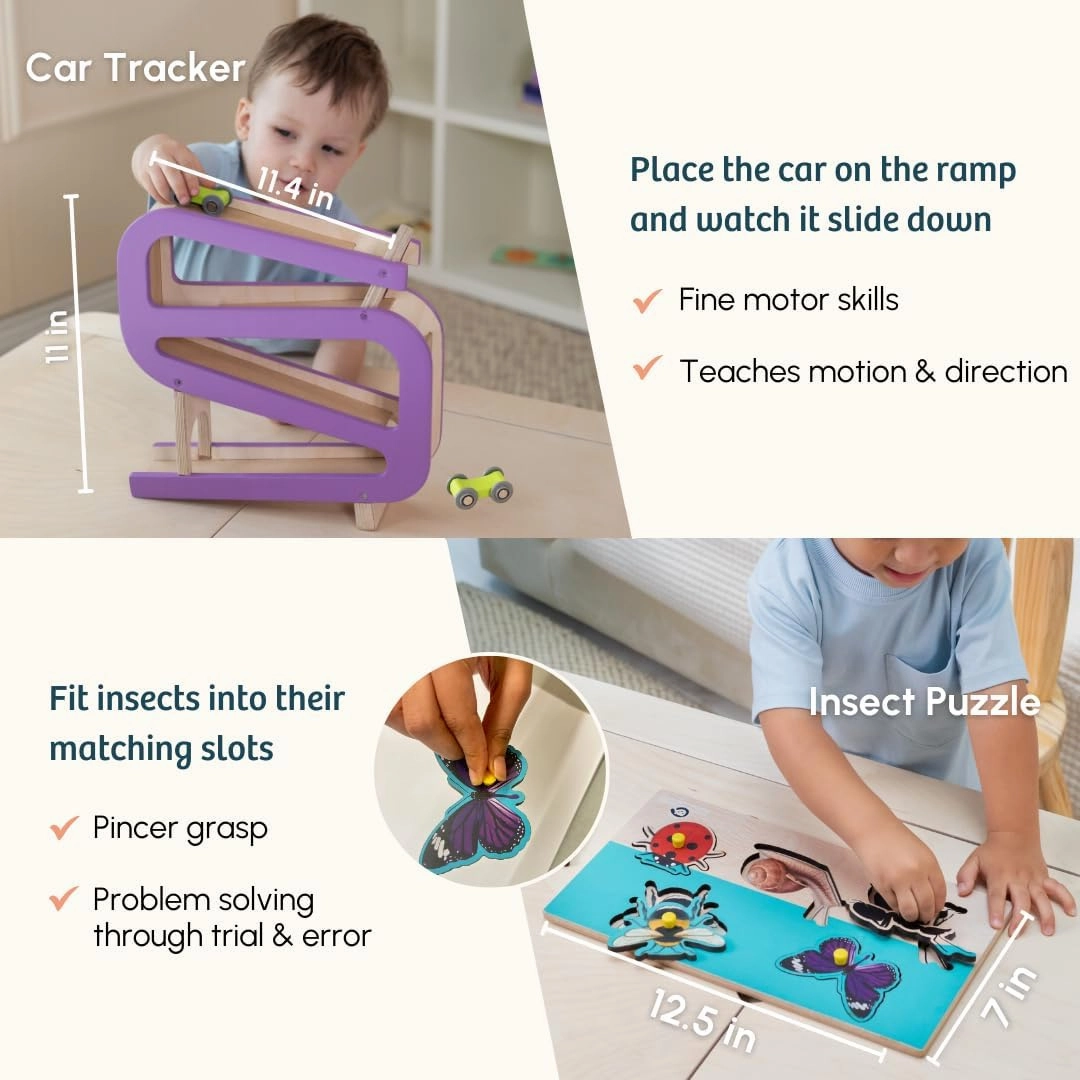 Wooden Montessori Toys Box for Toddlers | 7 in 1 Learning Educational Toys – Magnetic Bird Feeder, Car Ramp, Watering Can, Wooden Puzzle & More | Developmental Toy Set for 17-19 Months