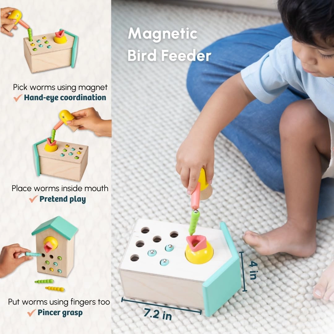 Wooden Montessori Toys Box for Toddlers | 7 in 1 Learning Educational Toys – Magnetic Bird Feeder, Car Ramp, Watering Can, Wooden Puzzle & More | Developmental Toy Set for 17-19 Months