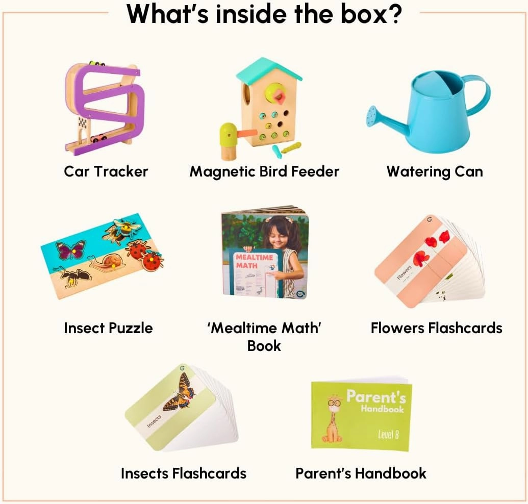 Wooden Montessori Toys Box for Toddlers | 7 in 1 Learning Educational Toys – Magnetic Bird Feeder, Car Ramp, Watering Can, Wooden Puzzle & More | Developmental Toy Set for 17-19 Months