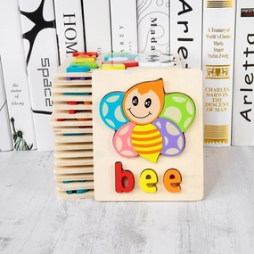 Wooden Puzzles for Toddlers 3-6, 5 Piece, with Animal Shapes & Alphabet, Educational Preschool Toys for Boys and Girls, Eco-Friendly, 4 Sets [Set-3]