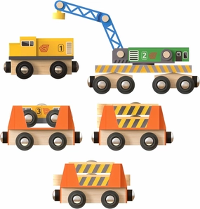 Wooden Railway Work Trains Track Maintenance Crew with Breakdown Crane, Engine, Rail Inspection Engine, Track Carriers, Inspection Engine Carrier, Special Tracks, Compatible with Thomas, BRIO