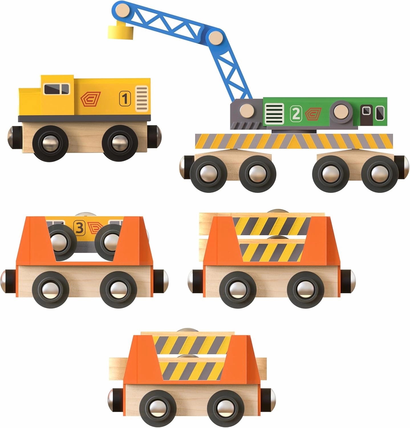 Wooden Railway Work Trains Track Maintenance Crew with Breakdown Crane, Engine, Rail Inspection Engine, Track Carriers, Inspection Engine Carrier, Special Tracks, Compatible with Thomas, BRIO
