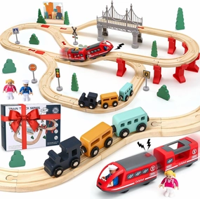 Wooden Train Set for Toddlers 3-5, 80 Pcs Train Tracks Toys with Electric Trains & Changable Track & Viaduct, Fits Major Brand Train Toys Christmas Birthday Gift for Boys & Girls 3 4 5 6