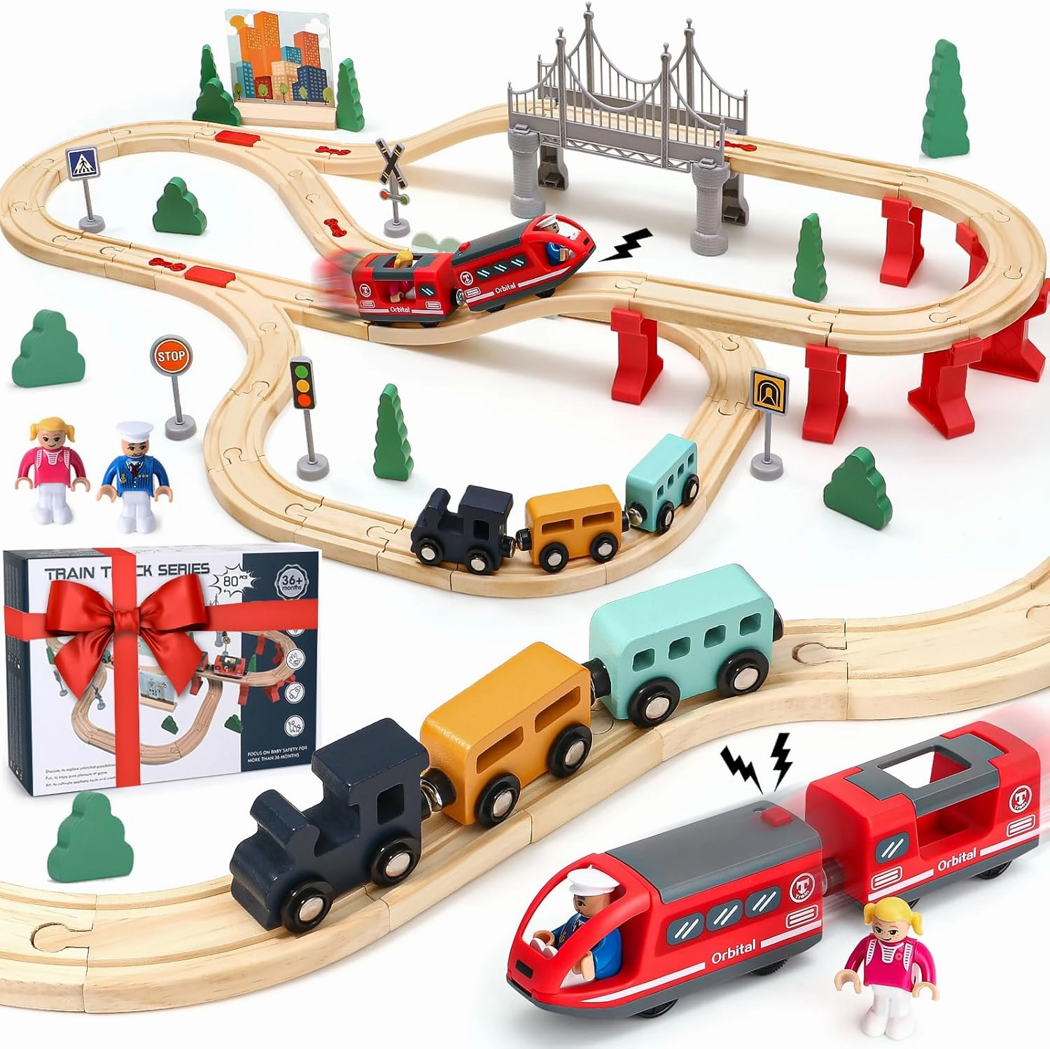 Wooden Train Set for Toddlers 3-5, 80 Pcs Train Tracks Toys with Electric Trains & Changable Track & Viaduct, Fits Major Brand Train Toys Christmas Birthday Gift for Boys & Girls 3 4 5 6