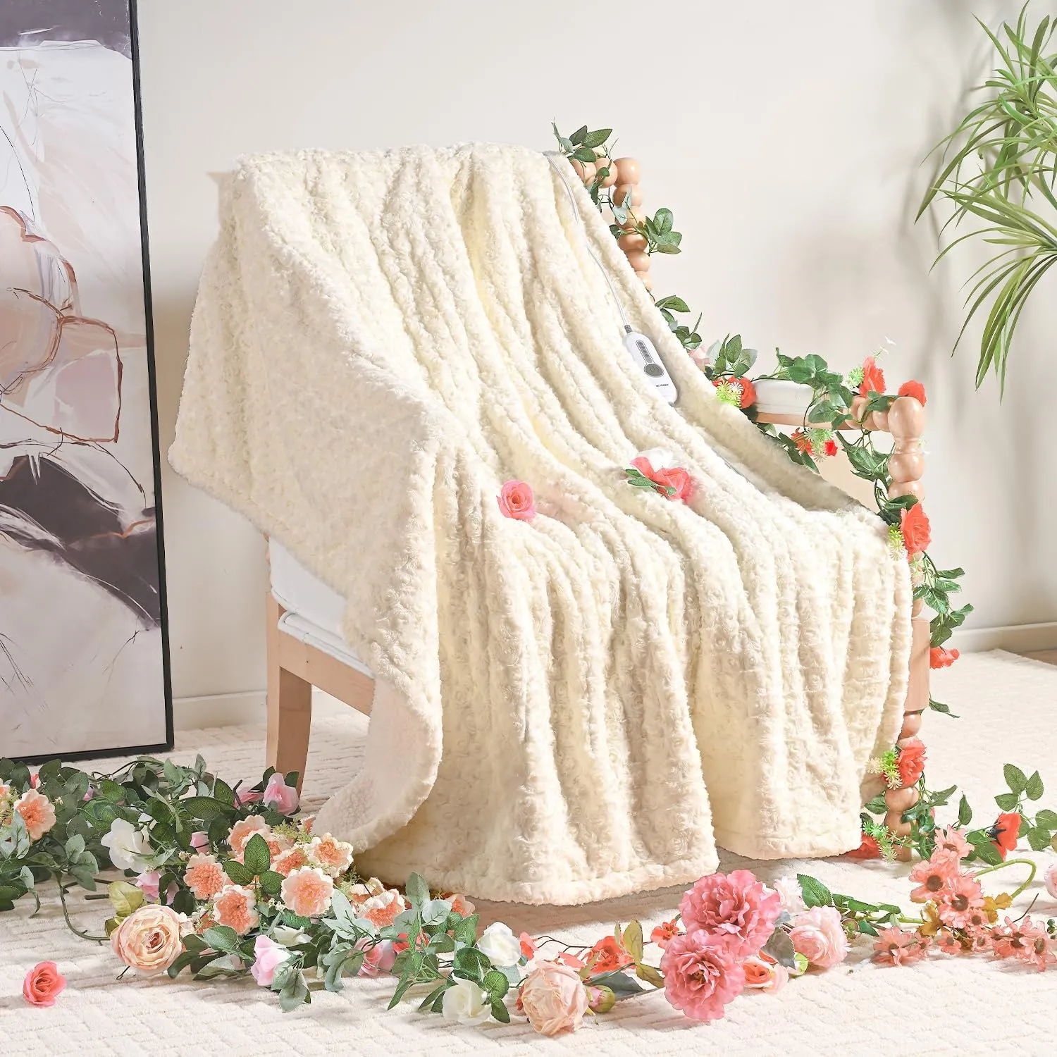 WOOMER Electric Heated Throw 50“x 60” [Spring Blossom Collection], Eco-Friendly Flower Patterns Faux Fur & Soft Sherpa, 4 Heating Levels & 4H Auto Off, ETL Certified, Machine Washable, White