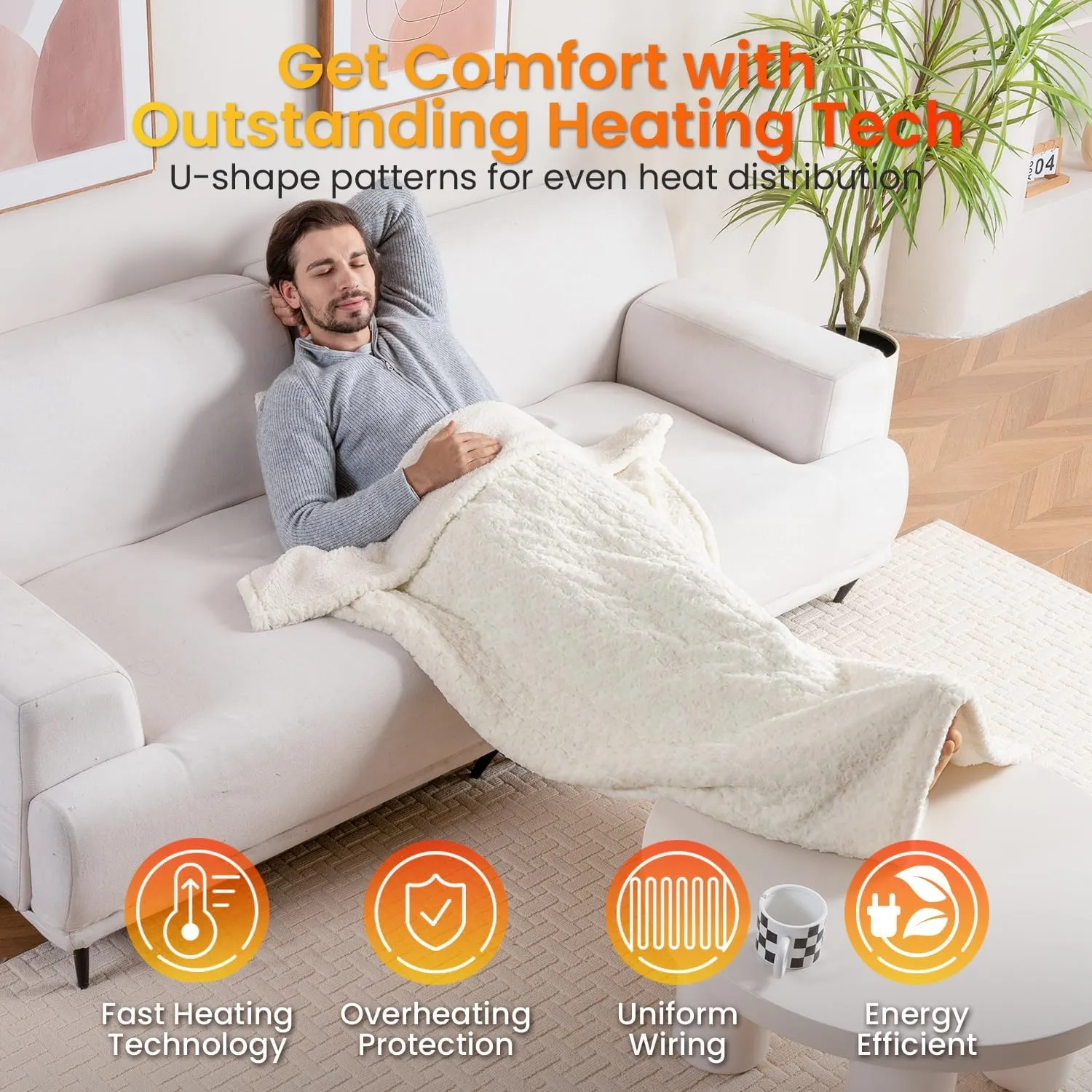 WOOMER Electric Heated Throw 50“x 60” [Spring Blossom Collection], Eco-Friendly Flower Patterns Faux Fur & Soft Sherpa, 4 Heating Levels & 4H Auto Off, ETL Certified, Machine Washable, White