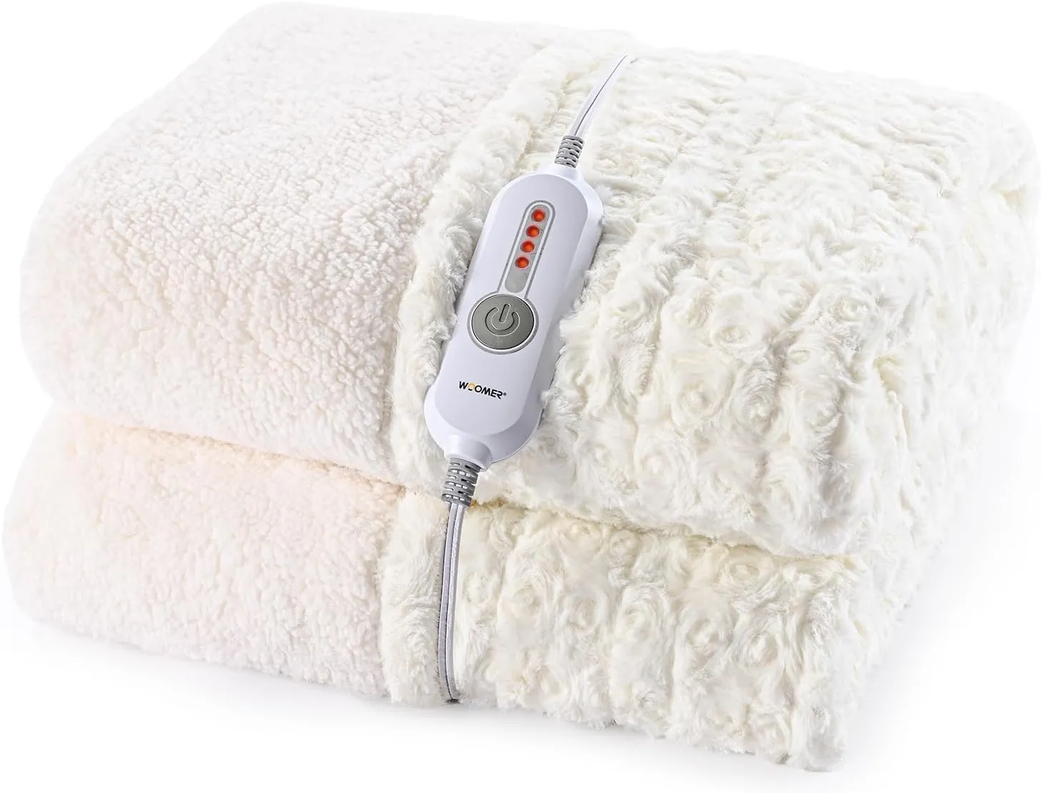 WOOMER Electric Heated Throw 50“x 60” [Spring Blossom Collection], Eco-Friendly Flower Patterns Faux Fur & Soft Sherpa, 4 Heating Levels & 4H Auto Off, ETL Certified, Machine Washable, White