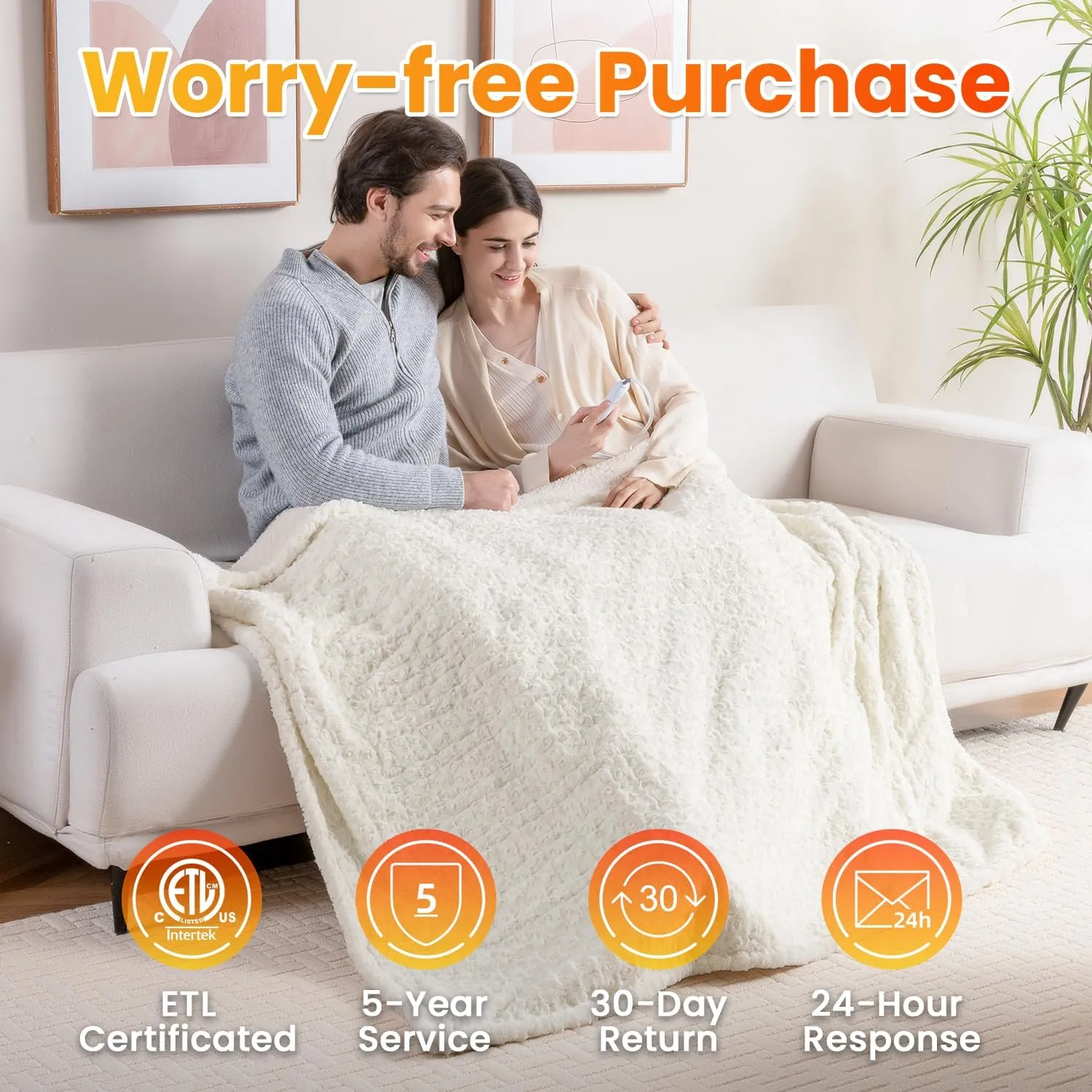 WOOMER Electric Heated Throw 50“x 60” [Spring Blossom Collection], Eco-Friendly Flower Patterns Faux Fur & Soft Sherpa, 4 Heating Levels & 4H Auto Off, ETL Certified, Machine Washable, White