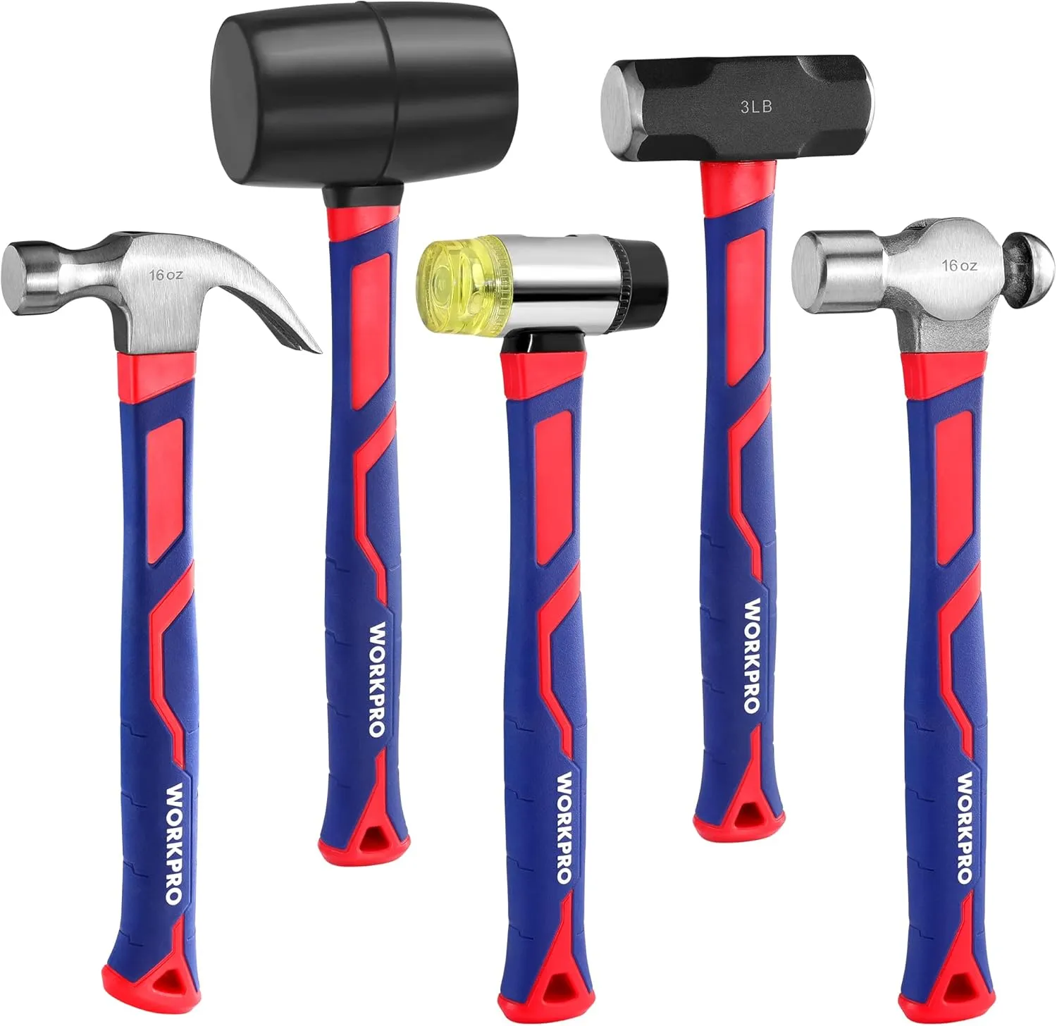 WORKPRO 5-Piece forge/Polish Steel Head, Fiberglass Handle Set - 32oz Rubber Mallet | 16oz Claw & Ball-Peen Hammers | 3lb Sledge | 22oz Double-Faced Mallet
