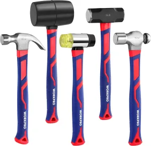 WORKPRO 5-Piece forge/Polish Steel Head, Fiberglass Handle Set - 32oz Rubber Mallet | 16oz Claw & Ball-Peen Hammers | 3lb Sledge | 22oz Double-Faced Mallet