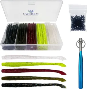 Worm Soft Plastic Bait Kit 100PCS 4 inch Worms Fishing Lures 100PCS O-Rings and Wacky Rig Tool Fishing Worms for Bass