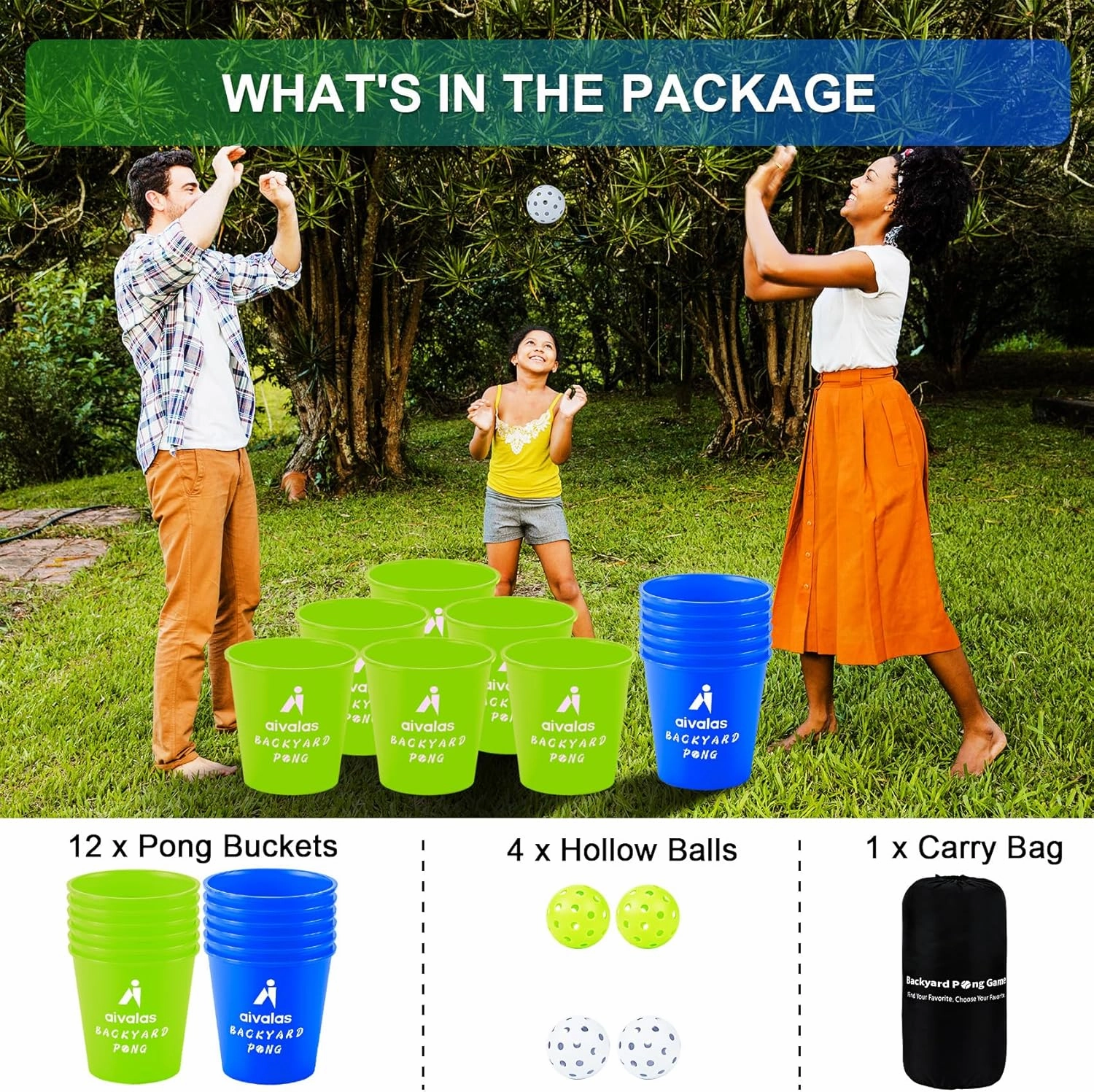 Yard Pong Outdoor Games, Glow in Dark Outdoor Yard Game for Adults and Family with 12 Buckets, 4 Balls, Giant Glow Backyard Games for Beach, Camping, Lawn