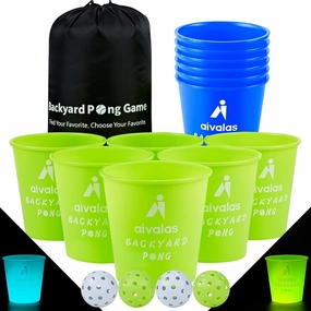 Yard Pong Outdoor Games, Glow in Dark Outdoor Yard Game for Adults and Family with 12 Buckets, 4 Balls, Giant Glow Backyard Games for Beach, Camping, Lawn
