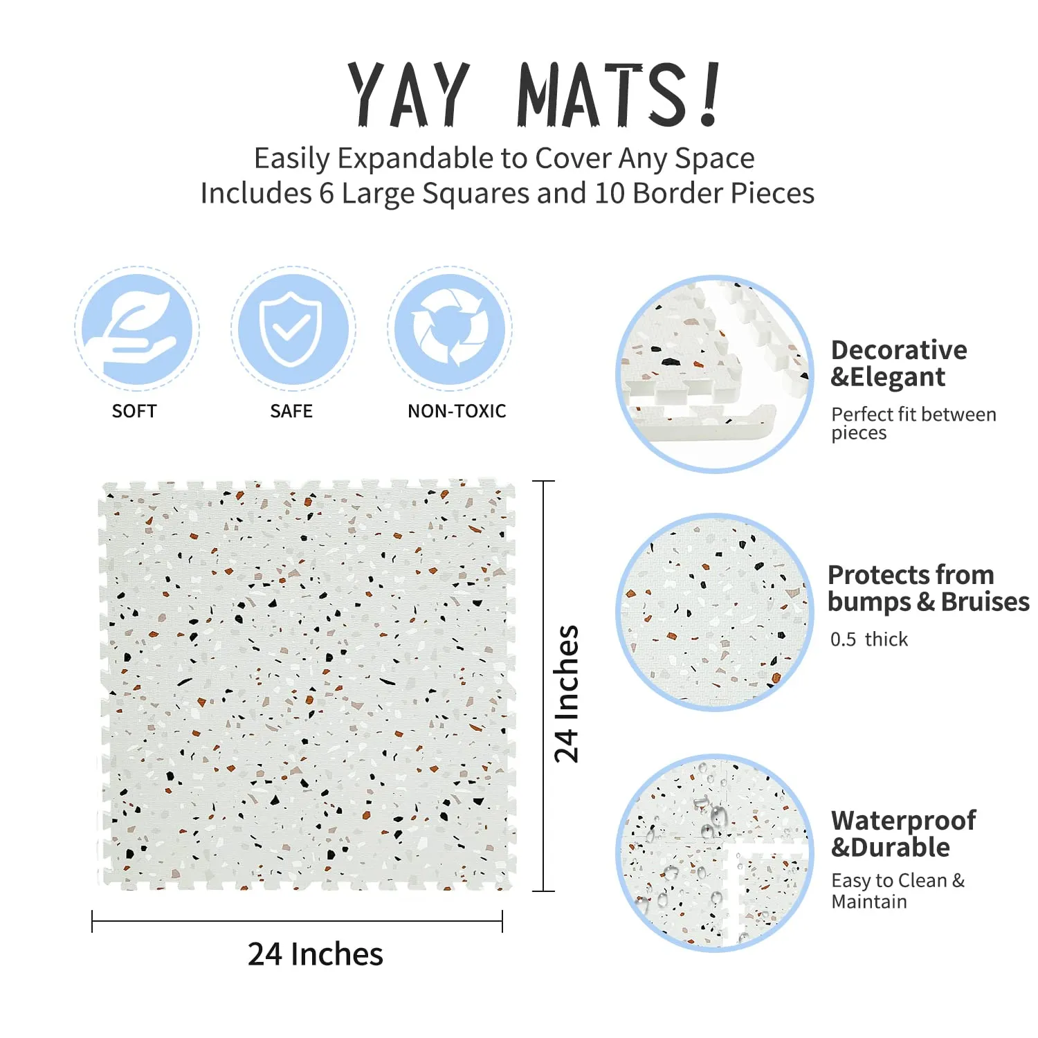 Yay Mats Stylish Extra Large Baby Play Mat. Soft, Thick, Non-Toxic Foam Covers 6 ft x 4 ft. Expandable Tiles with Edges Infants and Kids Playmat Tummy Time Mat