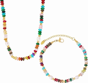 YCYG】Boho Beaded Choker & Bracelet Set for Women - Gemstone Surfer Necklace with Freshwater Pearl, Natural Stone and 14K Gold Plated Handmade Jewelry for Summer Beach