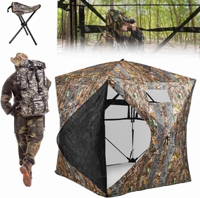 YITAHOME 360 See Through Ground Blind for Deer Hunting, 2-3 & 3-4 Person Pop-up With Tri-Leg Chair, Silent Magnetic Zipper Door and Carrying Bag