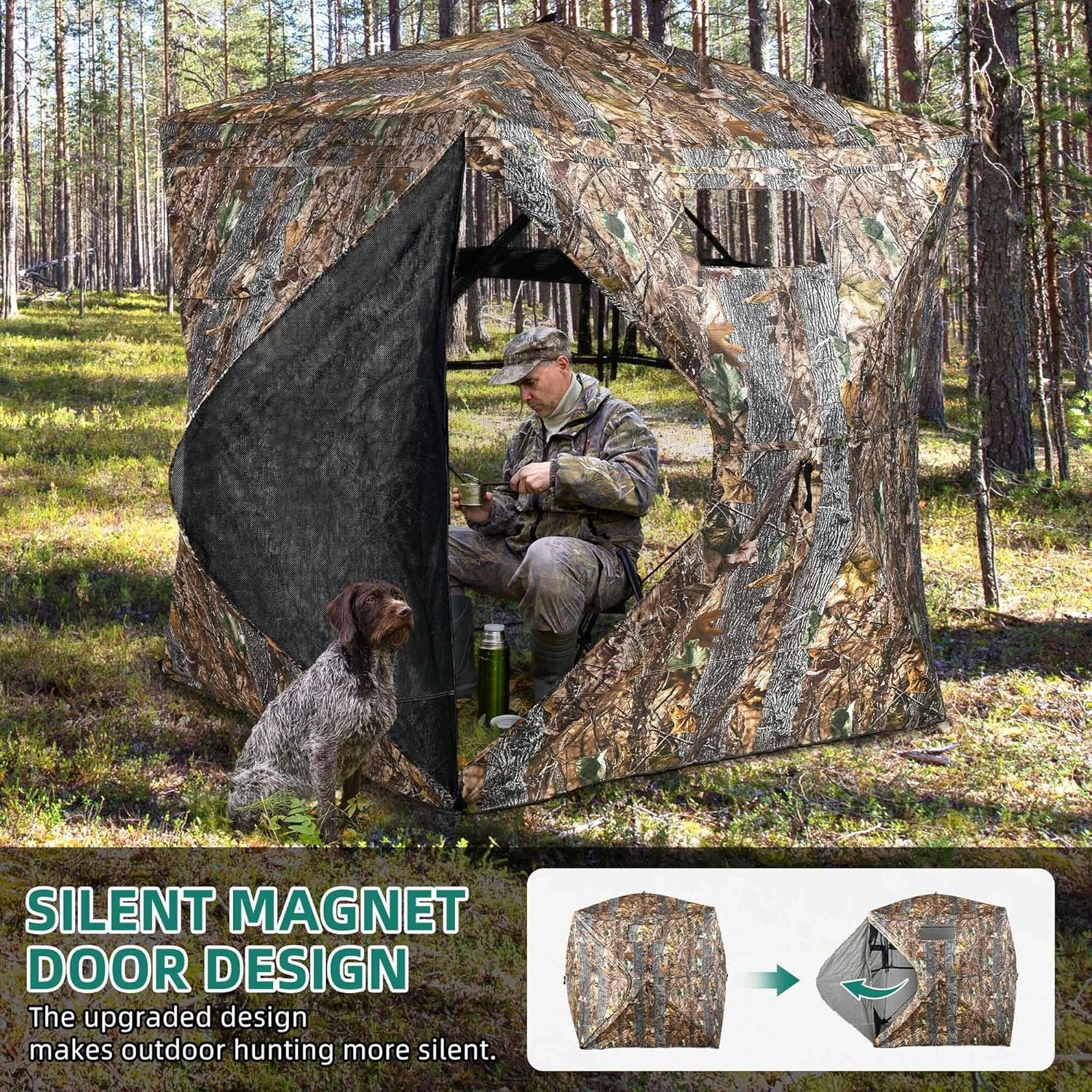YITAHOME 360 See Through Ground Blind for Deer Hunting, 2-3 & 3-4 Person Pop-up With Tri-Leg Chair, Silent Magnetic Zipper Door and Carrying Bag