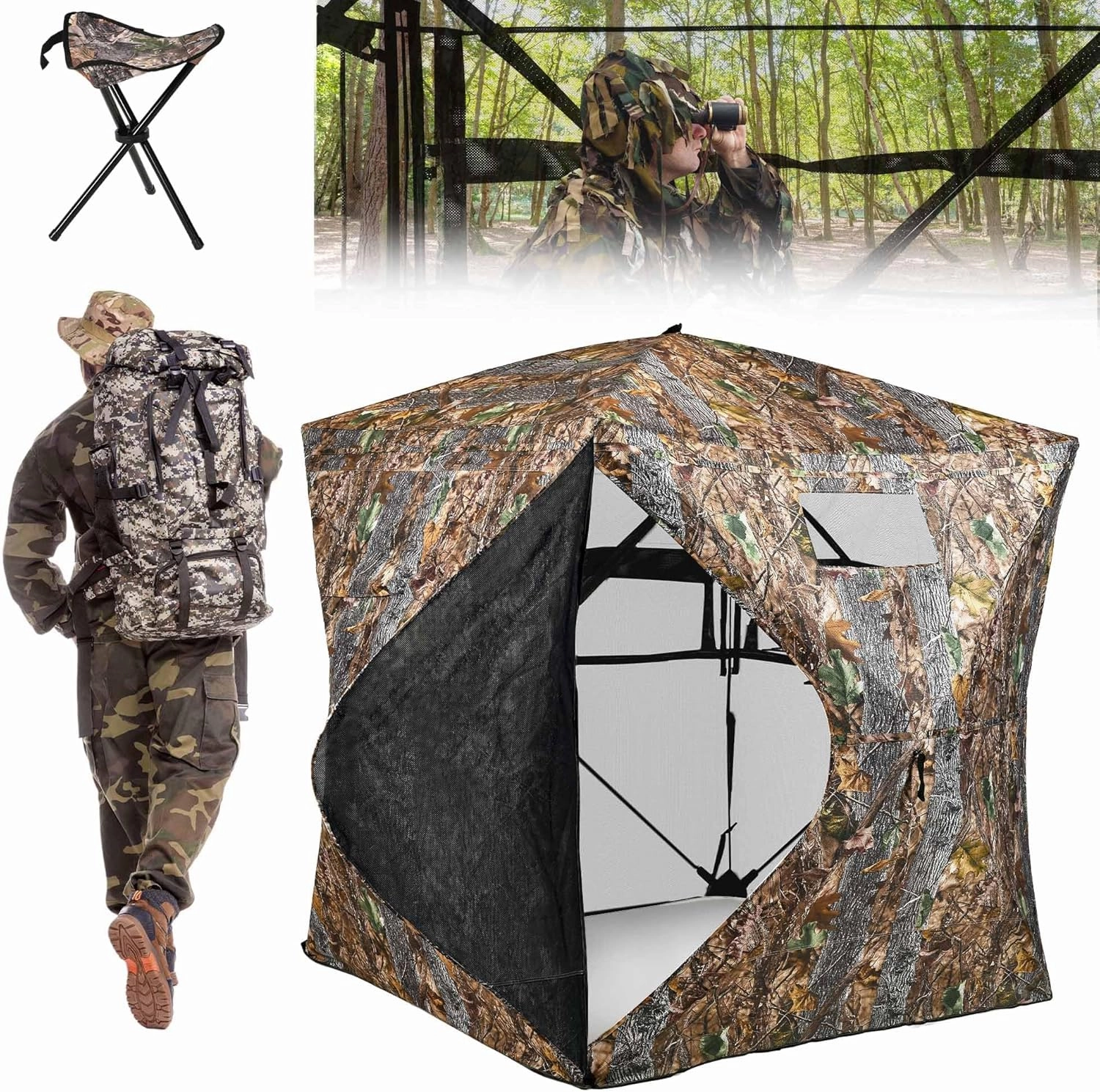 YITAHOME 360 See Through Ground Blind for Deer Hunting, 2-3 & 3-4 Person Pop-up With Tri-Leg Chair, Silent Magnetic Zipper Door and Carrying Bag