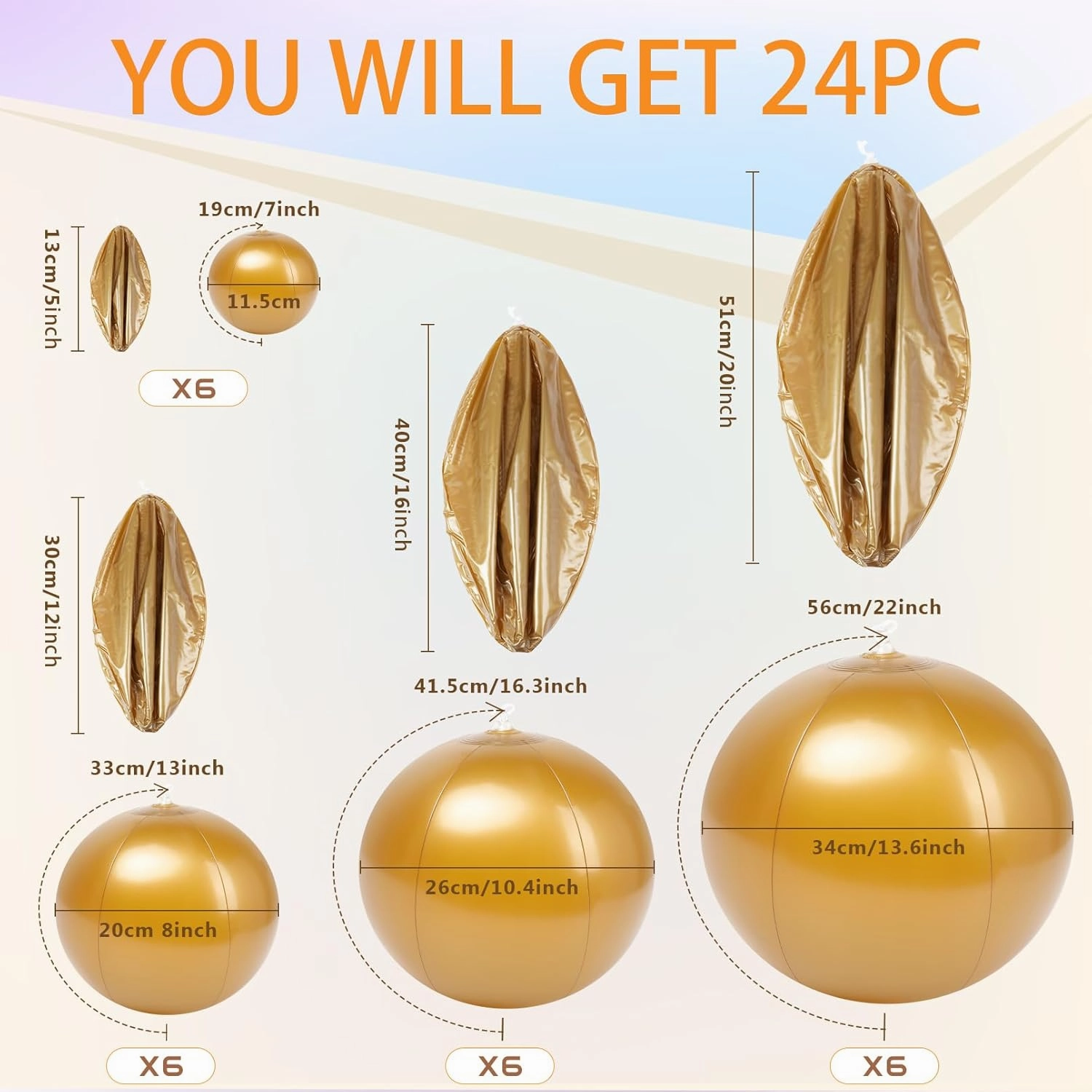 YOGFIT 24 PCS Beach Ball, Golden Inflatable Beach Balls for Swimming Pool Party Toys Decorations, Summer Beach Party Favor(6PC *5 inch, 6PC*12 inch,6PC*16 inch,6PC*20 inch)