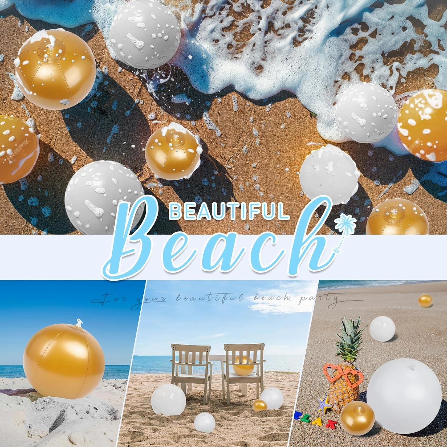 YOGFIT 24 PCS Beach Ball, Golden Inflatable Beach Balls for Swimming Pool Party Toys Decorations, Summer Beach Party Favor(6PC *5 inch, 6PC*12 inch,6PC*16 inch,6PC*20 inch)
