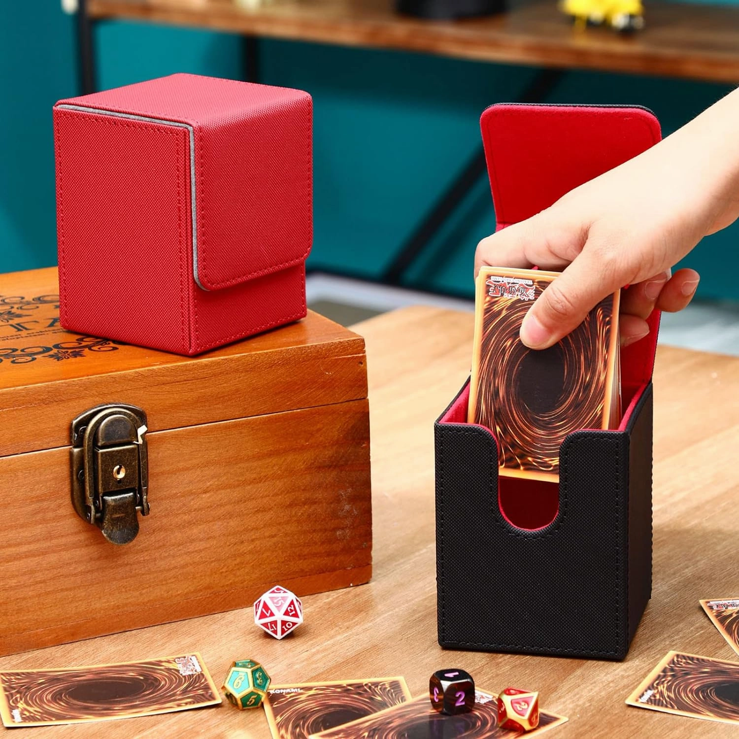Yookeer 6 Pack Leather Deck Cases 100  Card Deck Game Box Magnetic Playing Card Storage Box for 100 Plus Cards Compatible with Tcg(White,Black,Black Red,Red,Yellow,Purple,Vertical)
