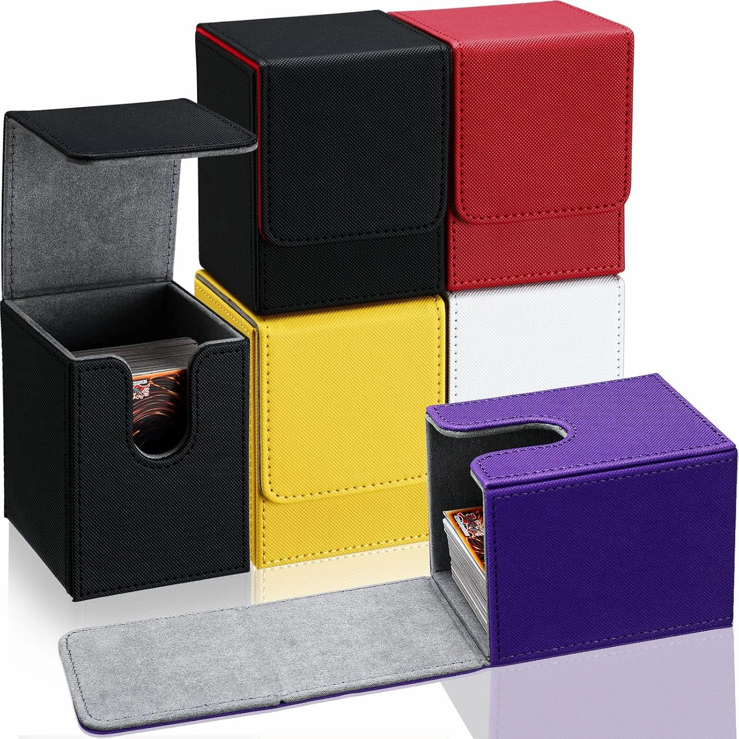 Yookeer 6 Pack Leather Deck Cases 100  Card Deck Game Box Magnetic Playing Card Storage Box for 100 Plus Cards Compatible with Tcg(White,Black,Black Red,Red,Yellow,Purple,Vertical)