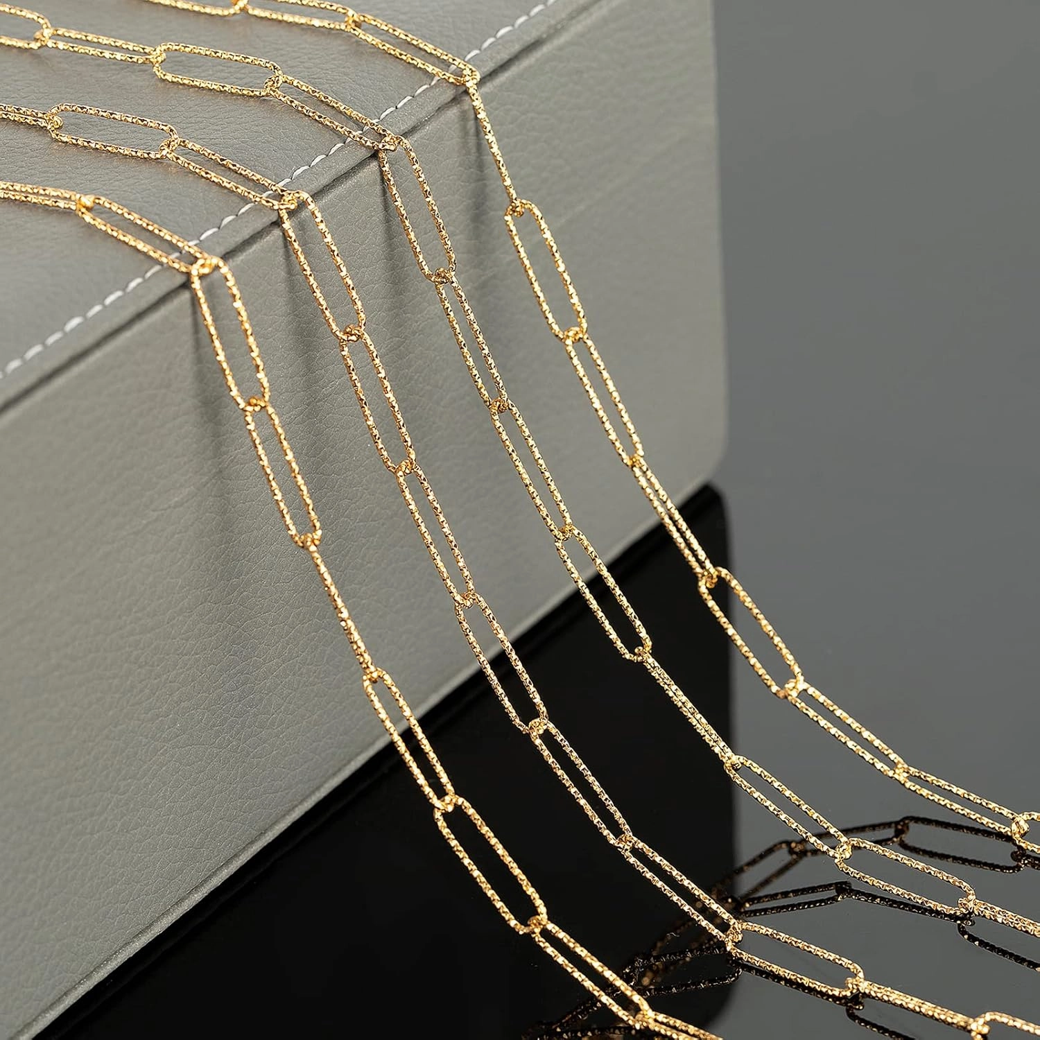 YOUBEIYEE 16.4 Feet Stainless Steel Chain for Jewelry Making, Gold Plated Embossed Paperclip Necklace Chains Bulk with Jump Rings and Lobster Clasps