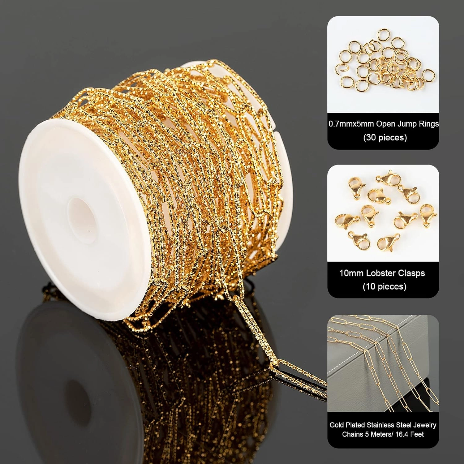 YOUBEIYEE 16.4 Feet Stainless Steel Chain for Jewelry Making, Gold Plated Embossed Paperclip Necklace Chains Bulk with Jump Rings and Lobster Clasps