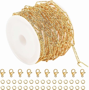 YOUBEIYEE 16.4 Feet Stainless Steel Chain for Jewelry Making, Gold Plated Embossed Paperclip Necklace Chains Bulk with Jump Rings and Lobster Clasps