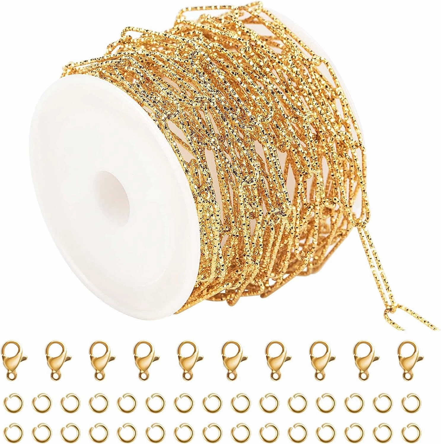 YOUBEIYEE 16.4 Feet Stainless Steel Chain for Jewelry Making, Gold Plated Embossed Paperclip Necklace Chains Bulk with Jump Rings and Lobster Clasps