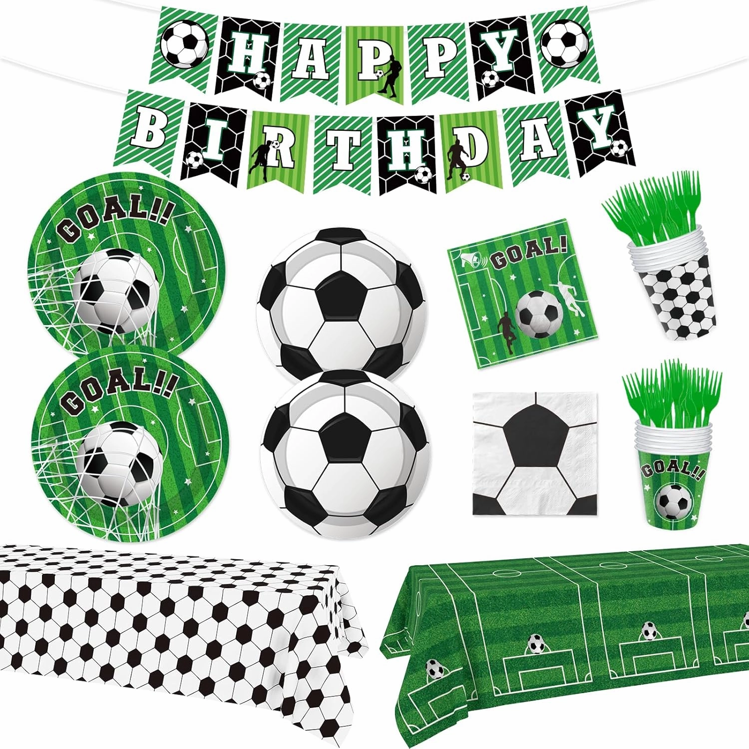 YQUQWN 178 PCS Soccer Party Decorations, Sports Birthday Party Supplies for Soccer Theme Party Favors Club Competition Serves 24 with Plates and Napkins Tablecloth Fork Cups Birthday Banner Stickers